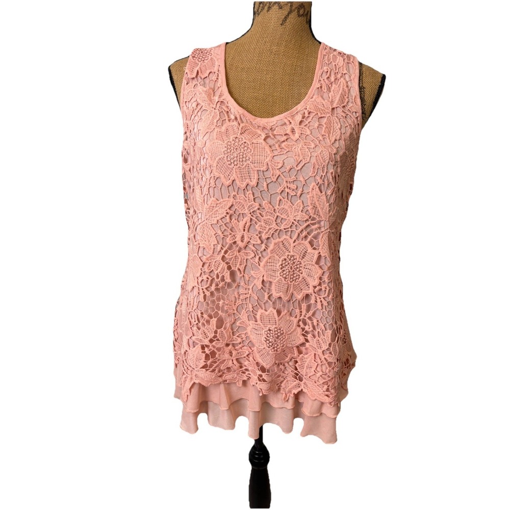 Women's Large Peach Lace Tank Forgotten Grace Crochet Flowers